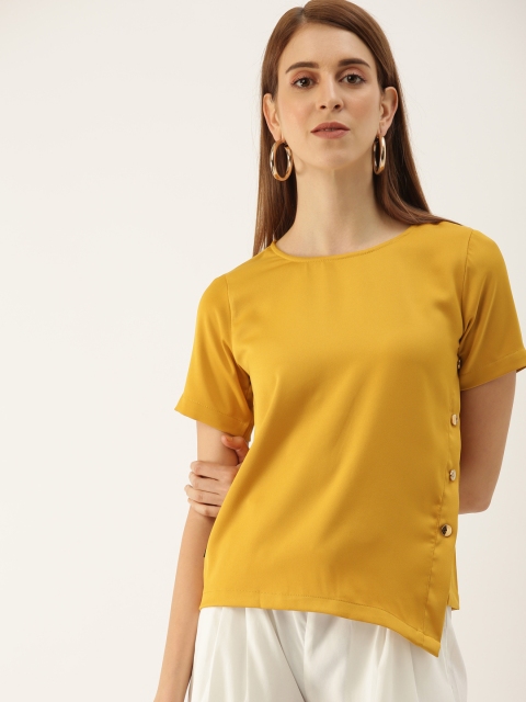 

NUSH Women Mustard Yellow Solid Studded Regular Top