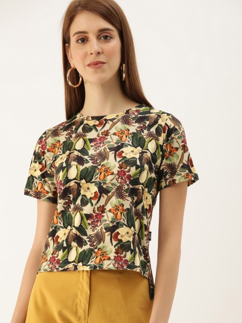 

NUSH Women Beige & Green Tropical Printed Regular Pure Cotton Top