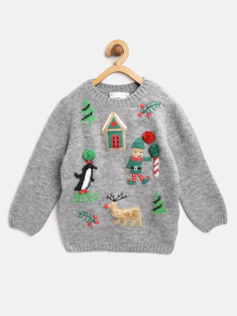 

Marks & Spencer Boys Grey Melange & Green Christmas Applique Pullover
