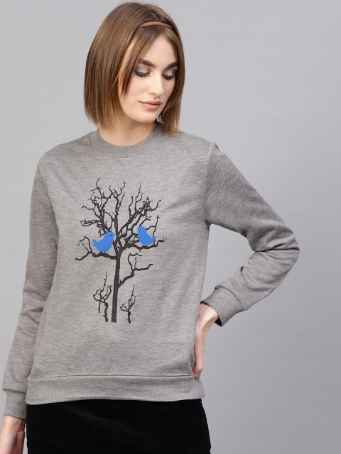 

SASSAFRAS Women Grey Melange Printed Sweatshirt