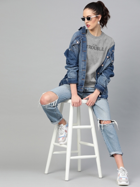 

SASSAFRAS Women Grey Melange Printed Detail Sweatshirt