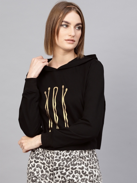 

SASSAFRAS Women Black & Golden Printed Hooded Cropped Sweatshirt
