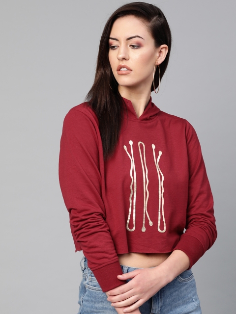

SASSAFRAS Women Maroon & Golden Printed Hooded Crop Sweatshirt