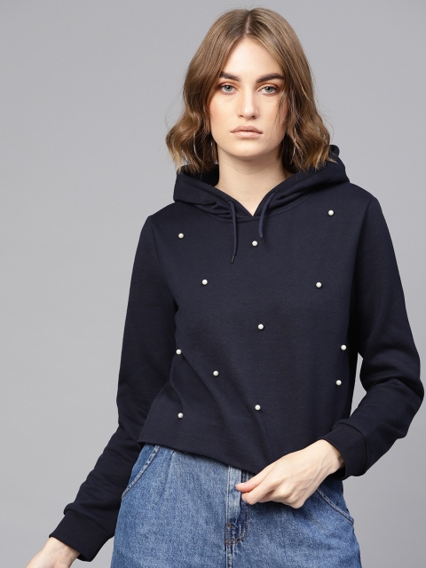 

SASSAFRAS Women Navy Blue Embellished Hooded Sweatshirt