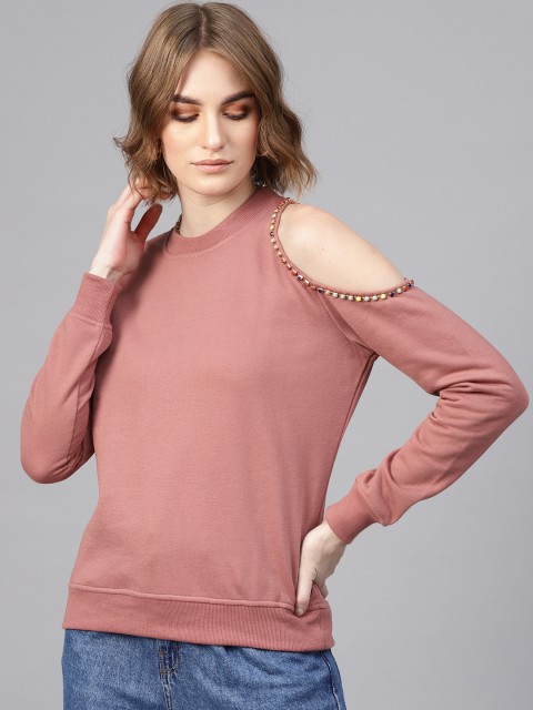 

SASSAFRAS Women Dusty Pink Cold Shoulder Solid Sweatshirt