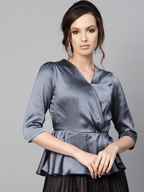 

SASSAFRAS Women Grey Solid Wrap Top with Satin Finish