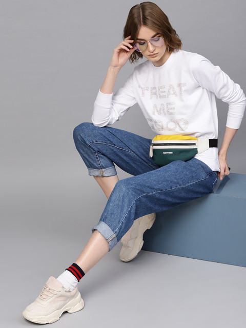 

SASSAFRAS Women White & Golden Embellished Sweatshirt