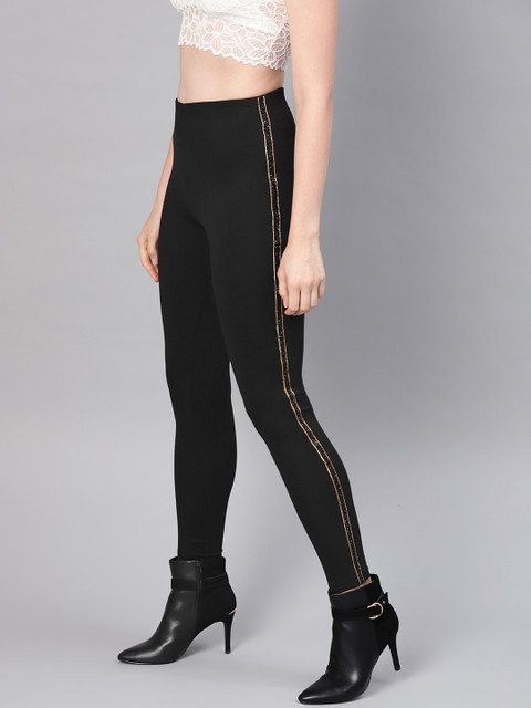 

SASSAFRAS Women Black Embellished Side Stripe Solid Treggings