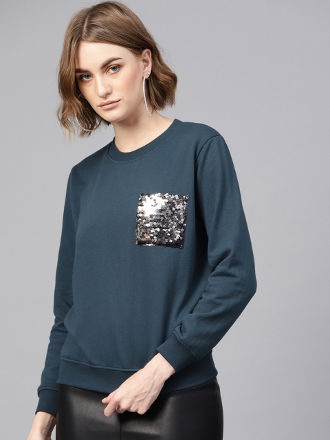 

SASSAFRAS Women Teal Blue Solid Sweatshirt
