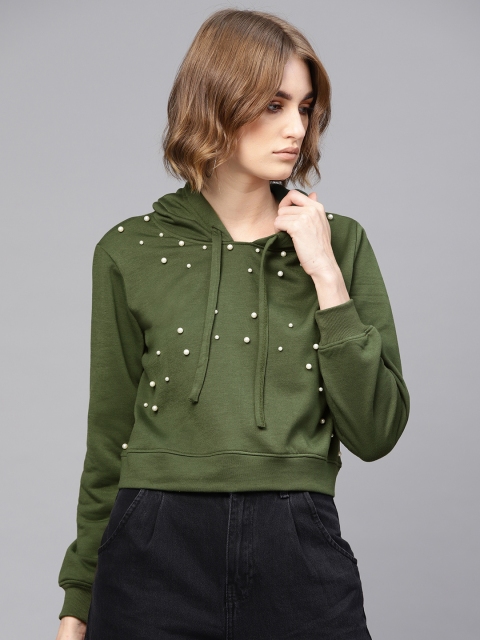 

SASSAFRAS Women Olive Green Embellished Hooded Sweatshirt