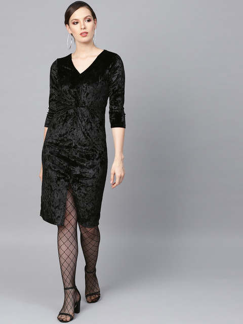 

SASSAFRAS Women Black Solid Velvet Finish Sheath Dress