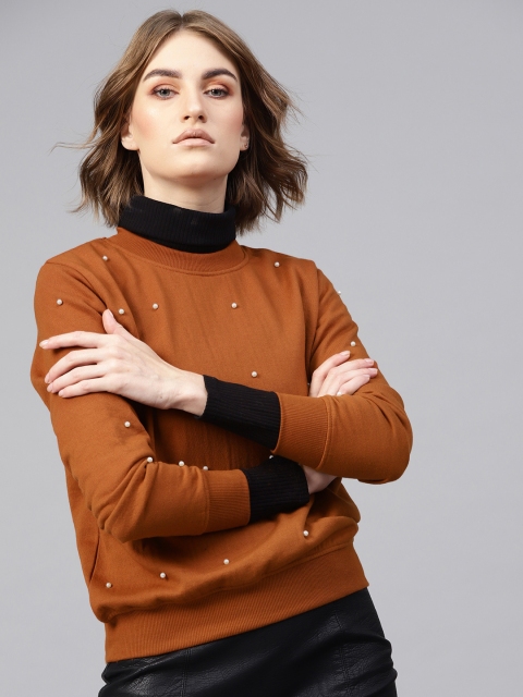 

SASSAFRAS Women Rust Orange Embellished Sweatshirt