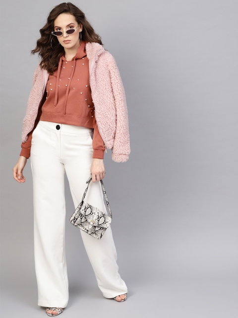 

SASSAFRAS Women Dusty Pink Beaded Hooded Cropped Sweatshirt