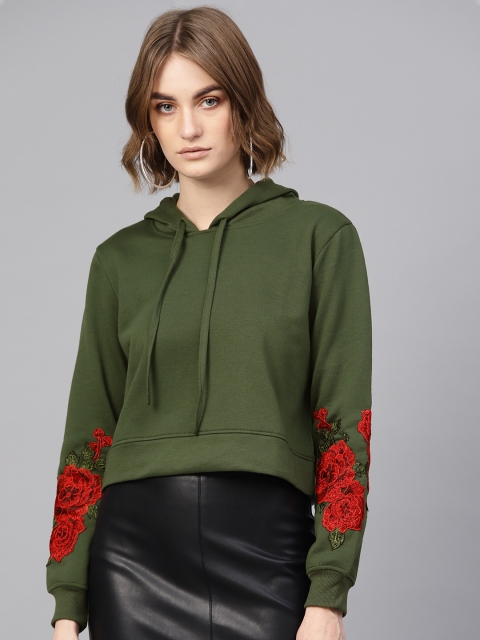 

SASSAFRAS Women Olive Green Solid Hooded Sweatshirt