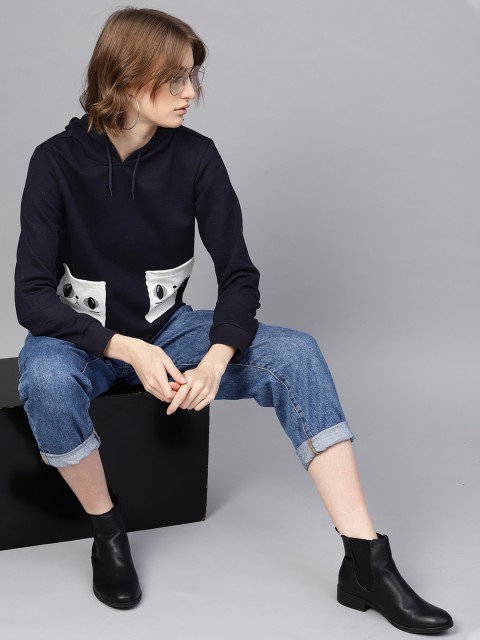 

SASSAFRAS Women Navy Blue Solid Cropped Hooded Sweatshirt