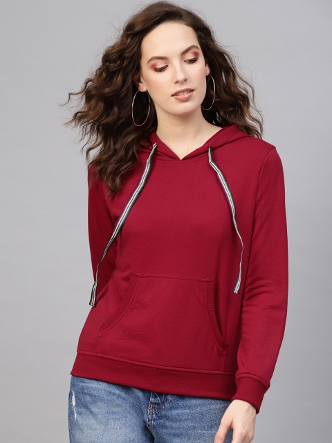 

SASSAFRAS Women Maroon Solid Hooded Sweatshirt