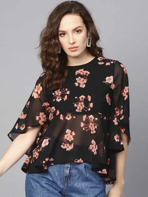 

SASSAFRAS Women Black & Pink Printed A-Line Top