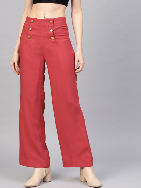 

SASSAFRAS Women Rust Red Regular Fit Solid Parallel Trousers