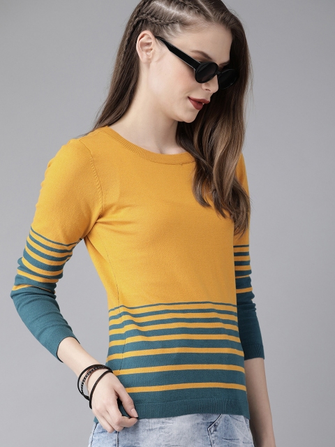 

Roadster Women Mustard Yellow & Teal Blue Striped Top
