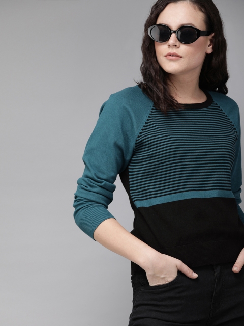 

Roadster Women Teal Blue & Black Striped Knitted Top