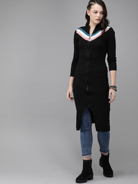 

Roadster Women Black & Pink Striped Longline Cardigan