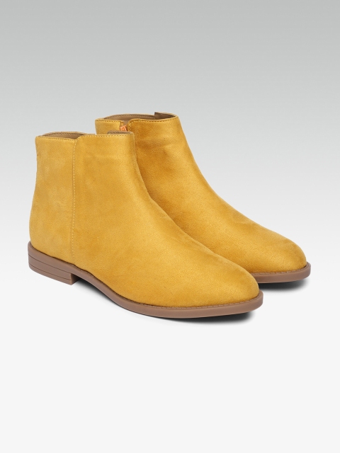 

Carlton London Women Mustard Yellow Solid Mid-Top Flat Boots