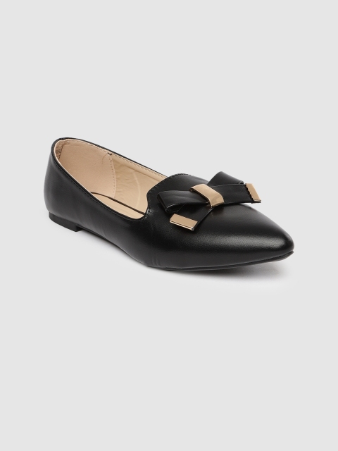 Women Black Solid Leather Ballerinas