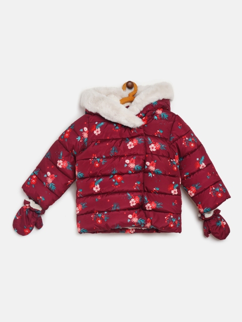 

Marks & Spencer Girls Burgundy & Blue Floral Print Hooded Padded Jacket With Mittens