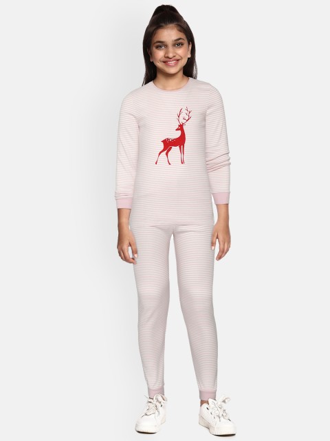 

Marks & Spencer Kids Pink & White Striped Night suit with Deer Print Detail