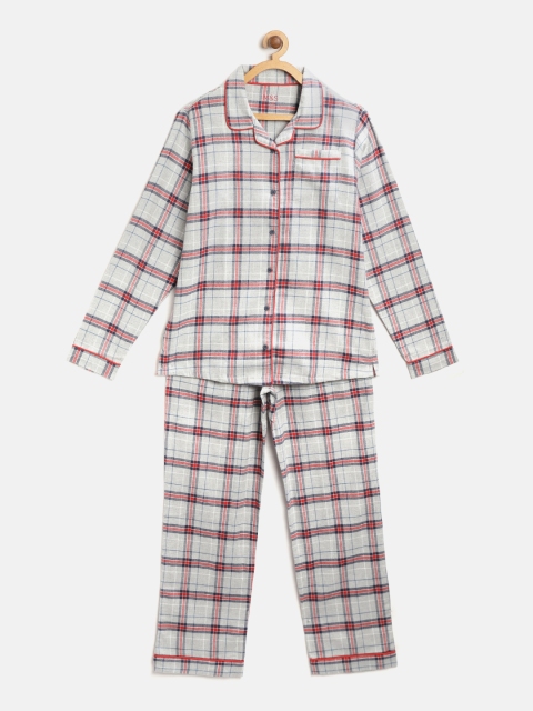 

Marks & Spencer Kids Grey Melange & Red Checked Night suit