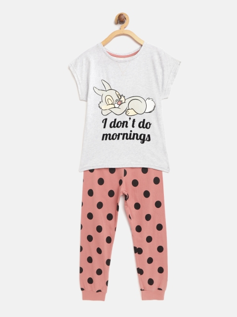 

Marks & Spencer Girls Grey Melange & Peach-Coloured Printed Night suit