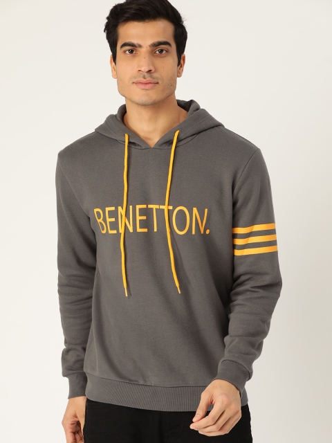 

United Colors of Benetton Men Grey & Yellow Printed Hooded Sweatshirt