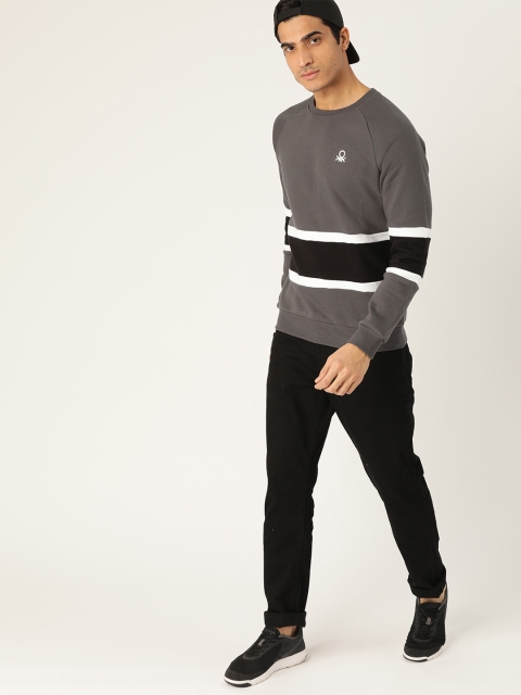 

United Colors of Benetton Men Charcoal Grey & Black Colourblocked Sweatshirt