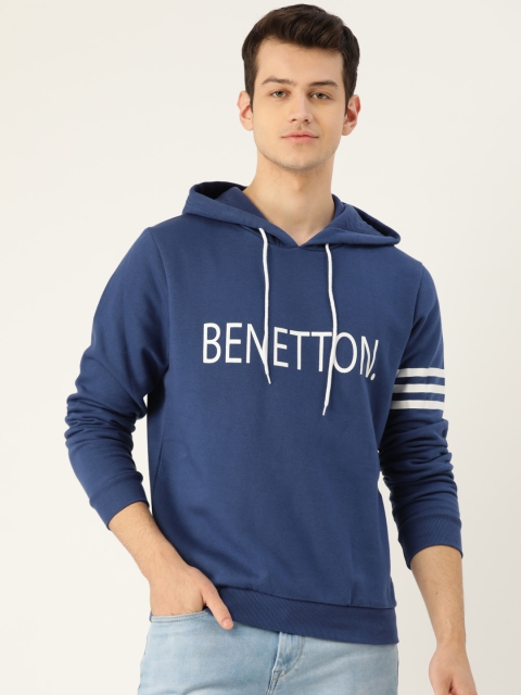 

United Colors of Benetton Men Navy Blue & White Brand Logo Printed Hooded Sweatshirt
