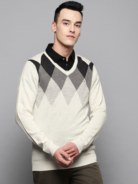 

Louis Philippe Men Off-White & Grey Argyle Pattern Sweater
