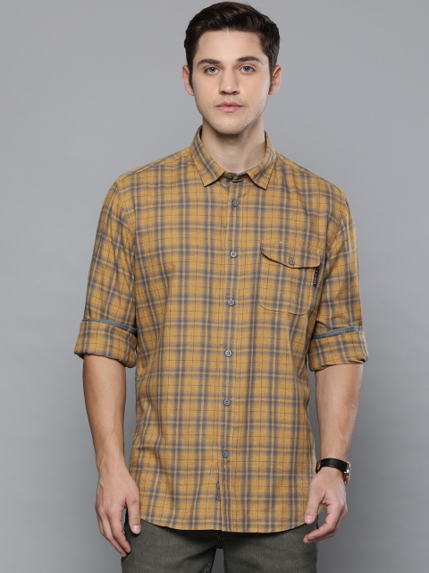 

Louis Philippe Jeans Men Mustard Yellow & Grey Slim Fit Checked Casual Shirt