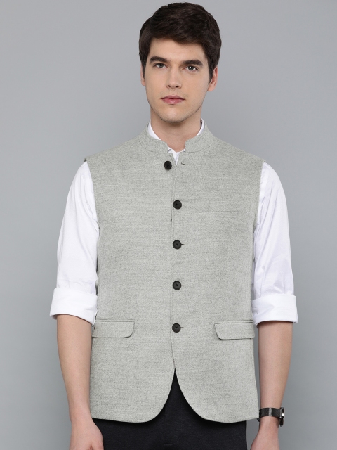 

Louis Philippe Men Grey Melange Tailored Fit Solid Woolen Nehru Jacket