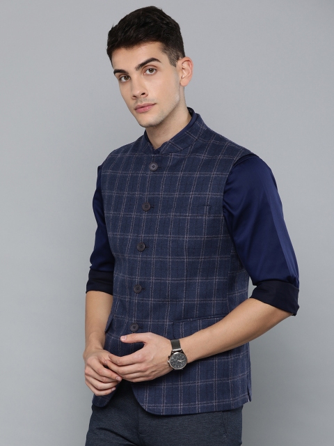 

Louis Philippe Men Blue Regular Fit Self-Checked Woollen Nehru Jacket