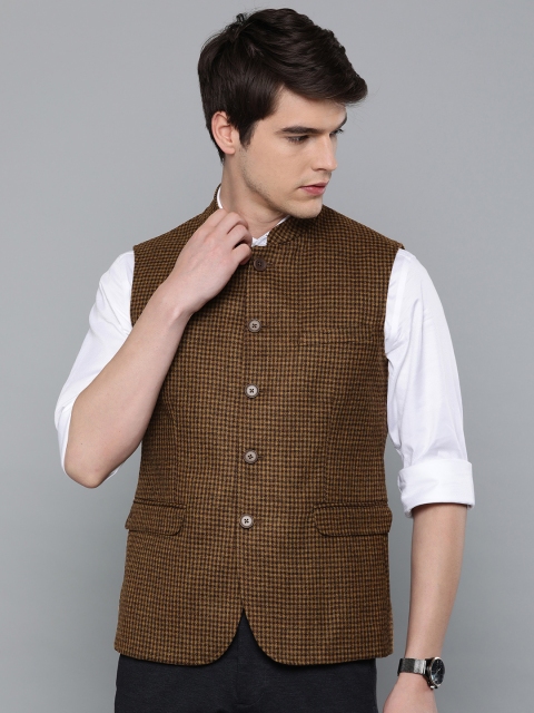 

Louis Philippe Men Brown & Mustard Yellow Regular Fit Self-Checked Woollen Nehru Jacket