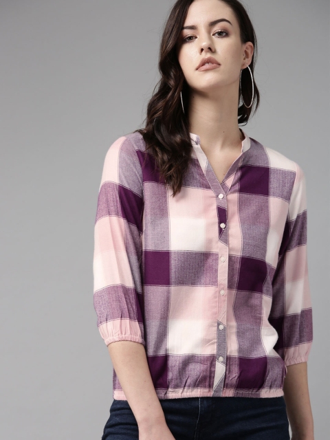 

The Roadster Lifestyle Co Women Purple & Pink Checked Blouson Top