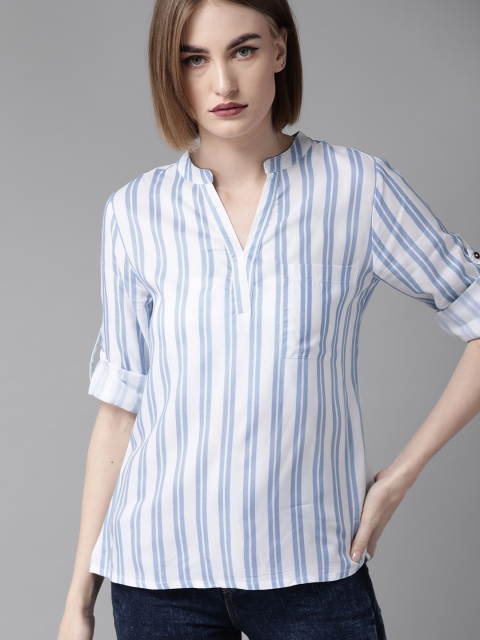 

The Roadster Lifestyle Co Women Blue & White Striped Shirt Style Top