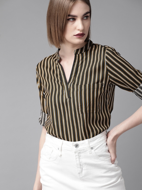 

The Roadster Lifestyle Co Women Black & Off-White Striped Shirt Style Top