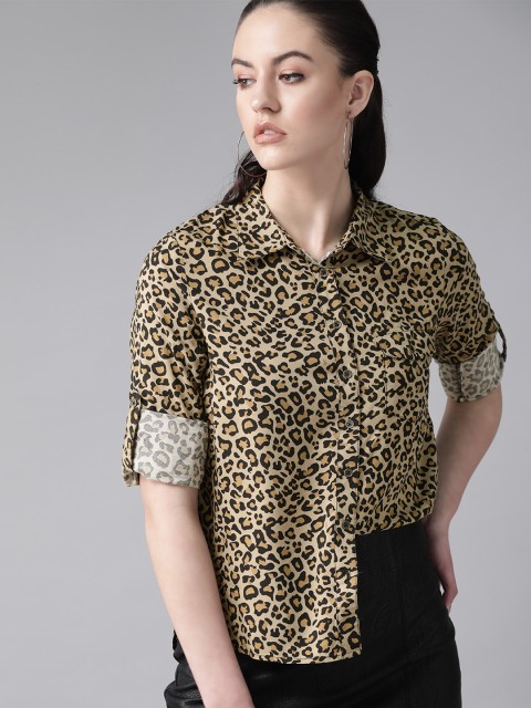 

Roadster Women Beige & Black Regular Fit Leopard Printed Casual Shirt