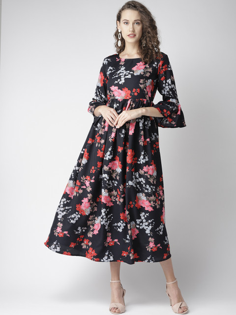 

U&F Women Navy Blue & Red Floral Print Maxi Dress