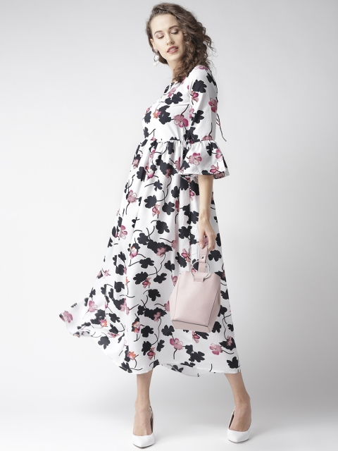 

U&F Women White & Navy Blue Floral Printed Maxi Dress
