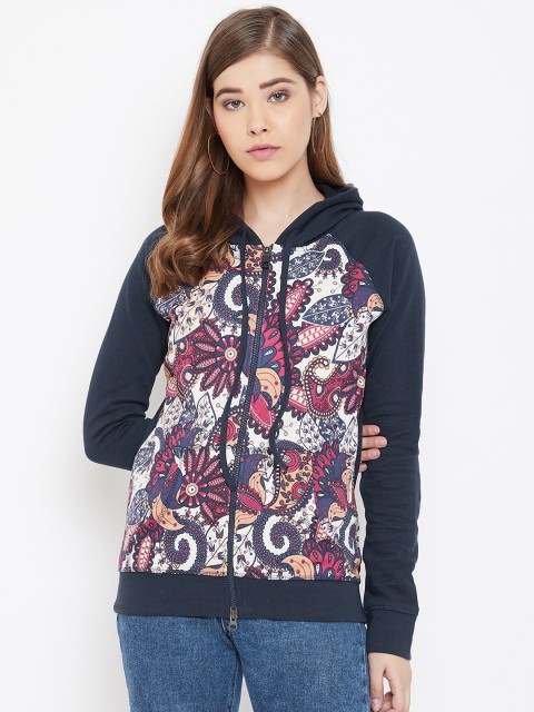 

Rute Women Off-White & Navy Blue Printed Hooded Sweatshirt