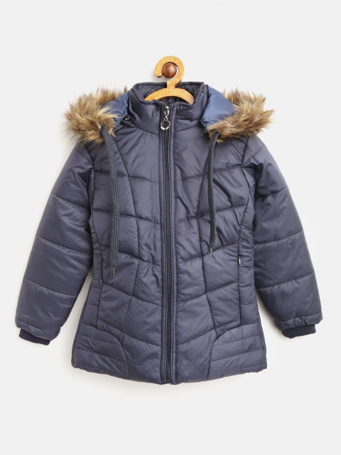 

Fort Collins Girls Navy Blue Solid Parka with Detachable Hood
