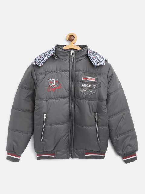 

Fort Collins Boys Charcoal Grey Solid Hooded Bomber Jacket