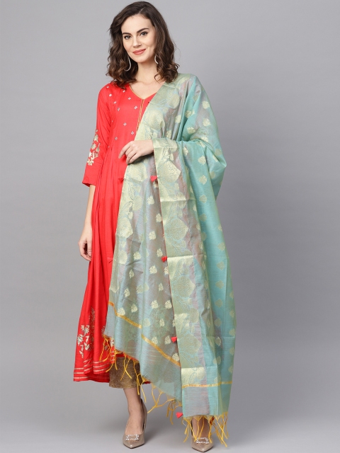 

PINKSKY Women Coral Red & Beige Yoke Design Foil Print Kurta with Trousers & Dupatta