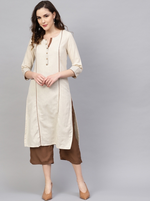 

PINKSKY Women Off-White & Brown Solid Kurta with Palazzos
